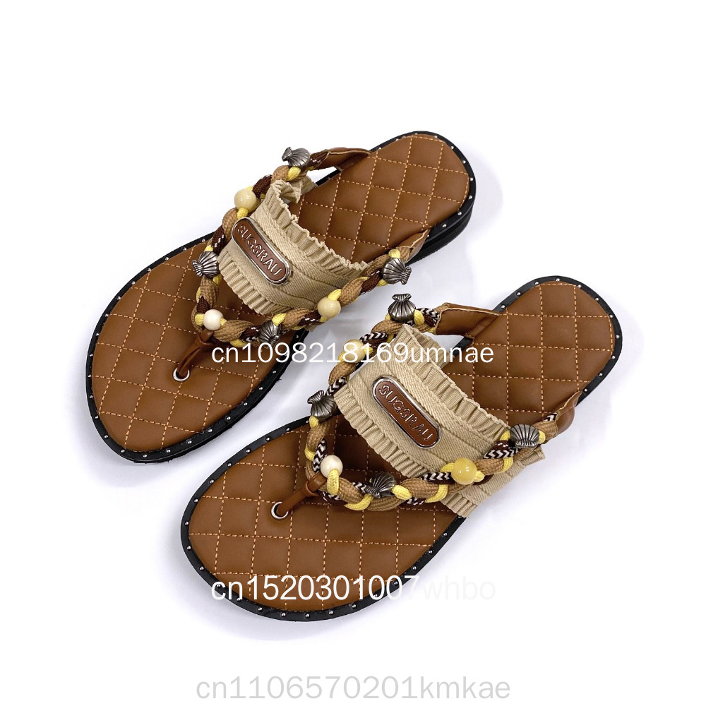 Flip Flop Leather Men - รองเท้าแตะสตรีแบบทอสไตล์เรโทรใหม่ พื้นหนา สไตล์โบฮีเมียน รองเท้าชายหาดและรองเท้าส้นแบนสำหรับใส่แบบฟลิปฟลอป