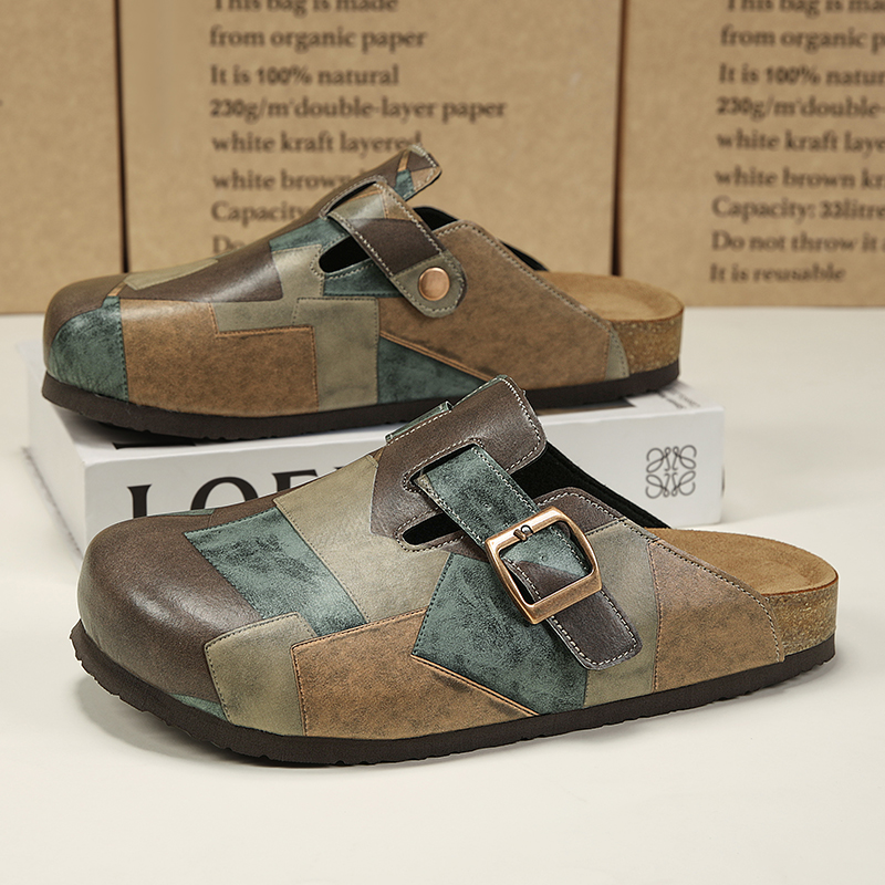 Flip Flop Leather Men - รองเท้าแตะแบบสวมเปิดส้นหนังแฟชั่น พร้อมสายรัดปรับได้ พื้นรองเท้าแบบไม่มีส้น ทำจากไม้ก๊อก สำหรับทุกเพศ